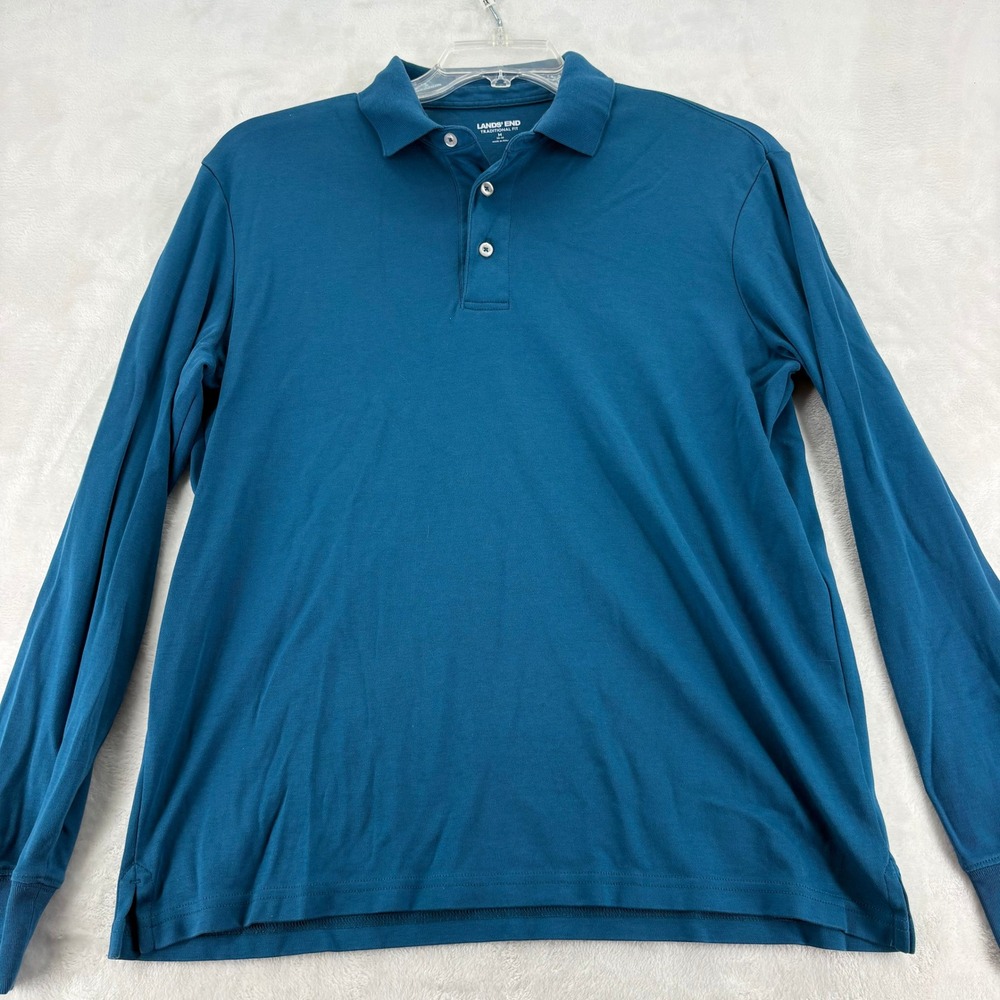 Lands End Polo Shirt Mens M Blue Supima Cotton Long Sleeve Traditional Fit
